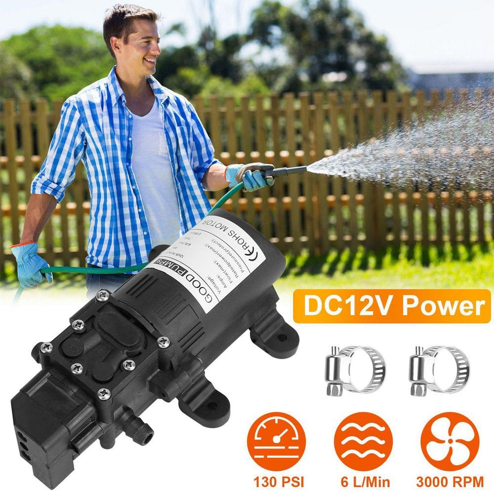  12V 70W Self-Priming Water Pump (130PSI, 6L/Min) With 2 Hose Clamps-For RV, Camper, Marine, Boat