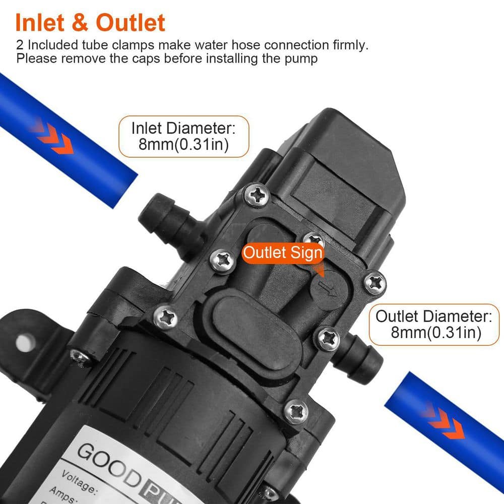  12V 70W Self-Priming Water Pump (130PSI, 6L/Min) With 2 Hose Clamps-For RV, Camper, Marine, Boat