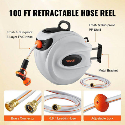  100 Ft. X 1/2 In. Retractable Hose Reel-180° Swivel, Wall-Mounted, With 9-Pattern Nozzle And Auto Rewind