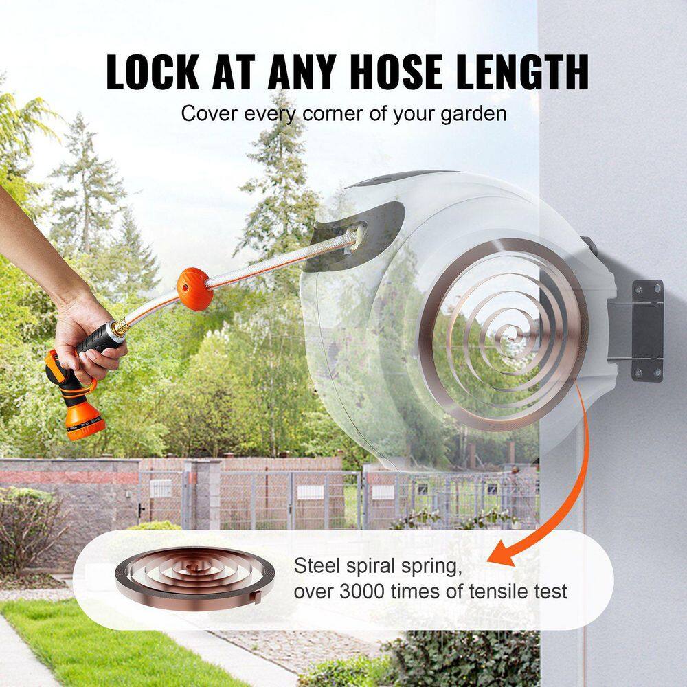  100 Ft. X 1/2 In. Retractable Hose Reel-180° Swivel, Wall-Mounted, With 9-Pattern Nozzle And Auto Rewind