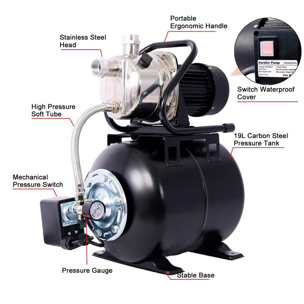  1.6 HP Stainless Steel Shallow Well Pump With Pressure Tank-Garden/Irrigation And Automatic Water Booster