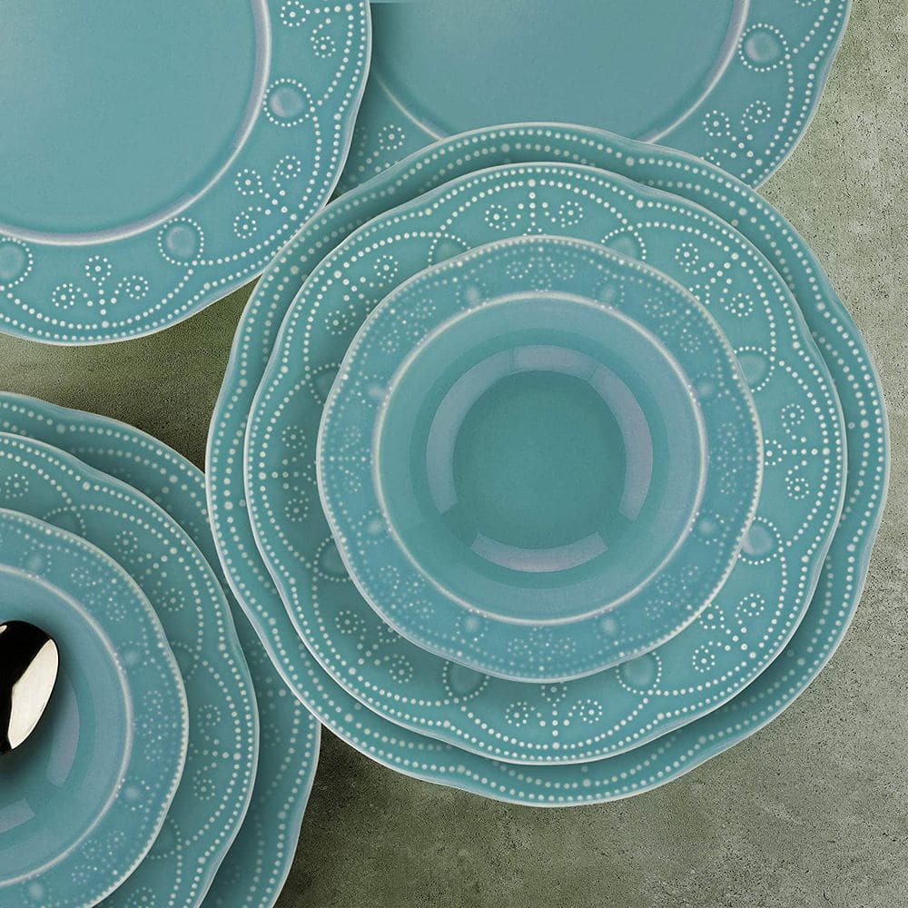  12-Pieces Porcelain Dinnerware Set In Turquoise