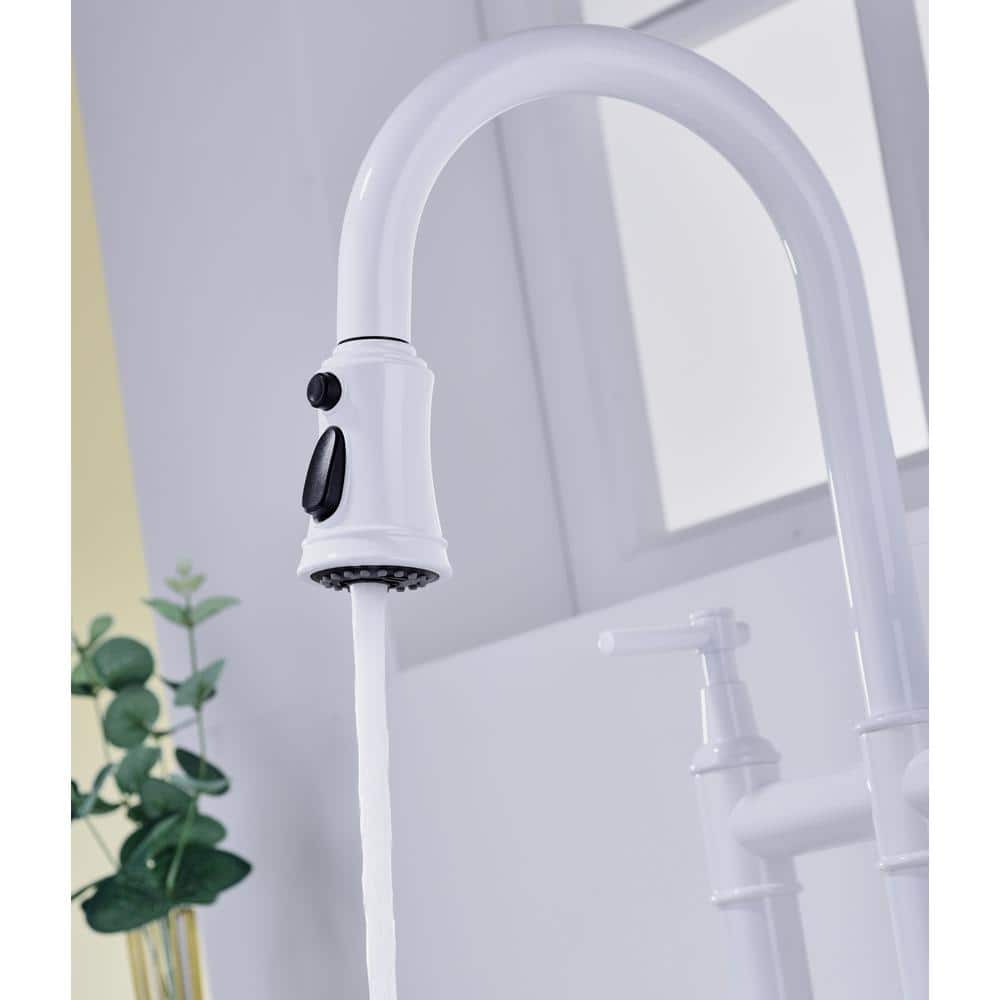  Single Handle Bridge Kitchen Faucet With Pull-Down Sprayhead In Spot In White