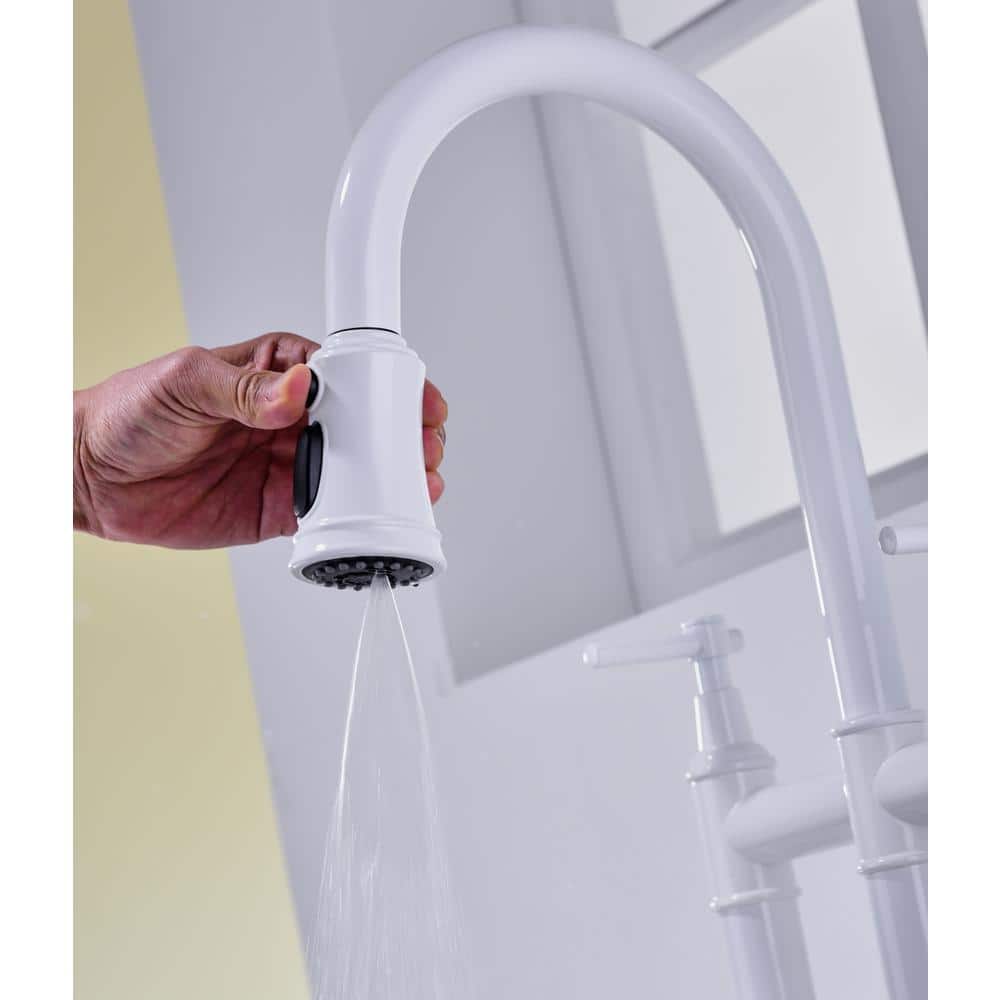  Single Handle Bridge Kitchen Faucet With Pull-Down Sprayhead In Spot In White
