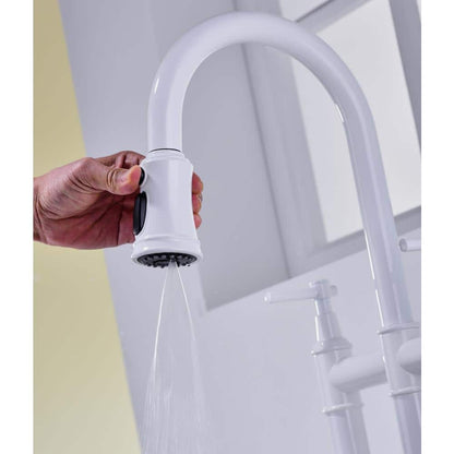  Single Handle Bridge Kitchen Faucet With Pull-Down Sprayhead In Spot In White