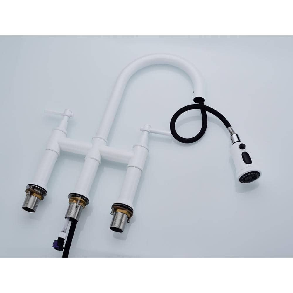  Single Handle Bridge Kitchen Faucet With Pull-Down Sprayhead In Spot In White