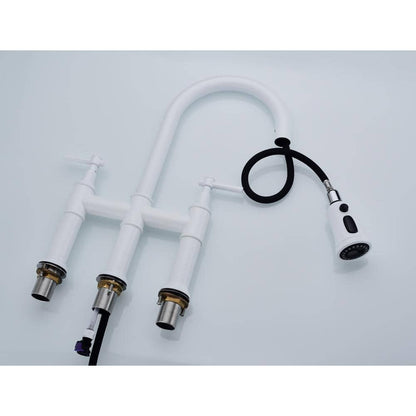  Single Handle Bridge Kitchen Faucet With Pull-Down Sprayhead In Spot In White