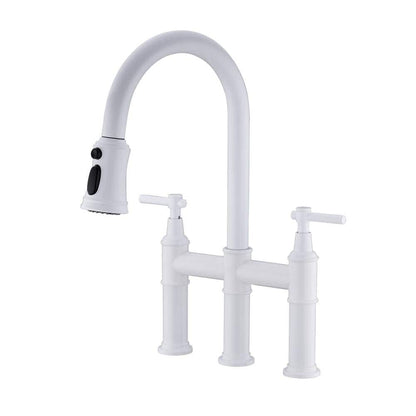  Single Handle Bridge Kitchen Faucet With Pull-Down Sprayhead In Spot In White
