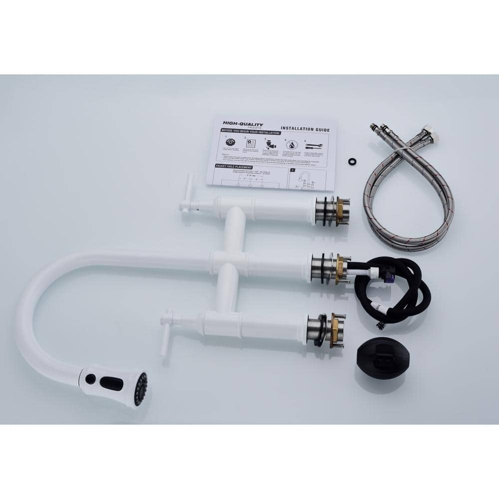  Single Handle Bridge Kitchen Faucet With Pull-Down Sprayhead In Spot In White
