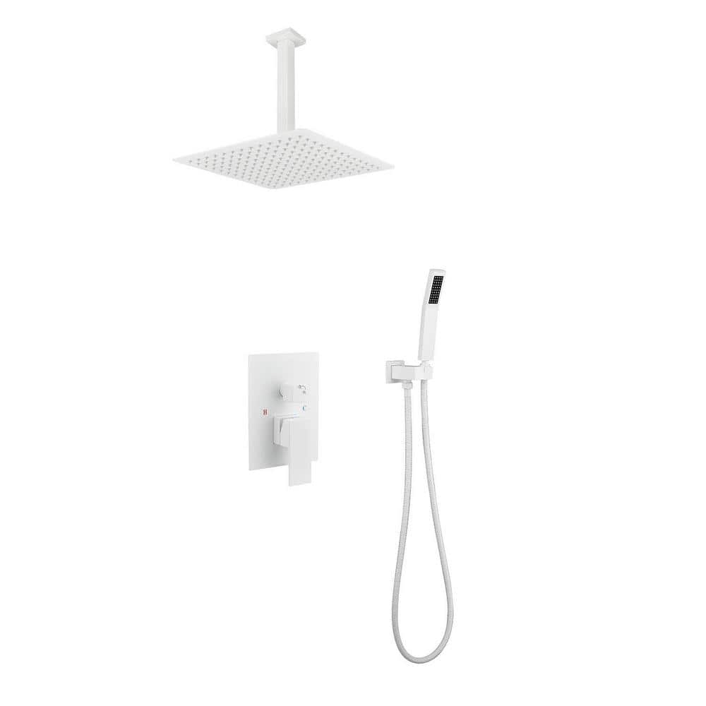  1-Spray 16 In. Dual Shower Head System Ceiling Mounted Shower 2.5 GPM In White