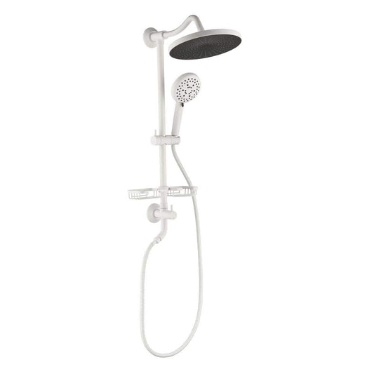  4-Spray Round High Preasure Adjustable Slide Bar Shower And Soap Dish With Hand Shower In White