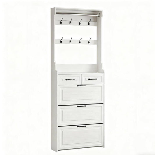  9.25 In. W X 31.50 In. D X 86.62 In. H White Particle Board Freestanding Linen Cabinet With Doors And 2 Drawers In White