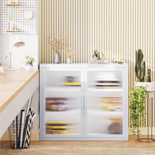  Retro Haze Double-Glass Door Cabinet With Removable Shelves-Versatile White Storage Solution