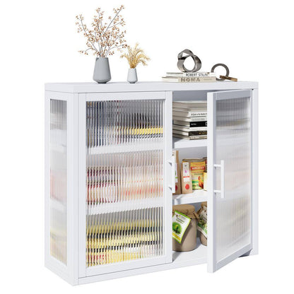  Retro Haze Double-Glass Door Cabinet With Removable Shelves-Versatile White Storage Solution
