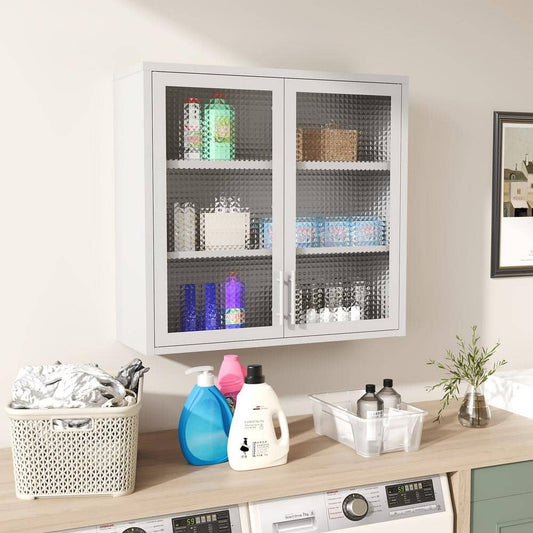  Retro Wall Cabinet With Hazy Waffle-Grid Glass And 2-Adjustable Shelves-White Finish