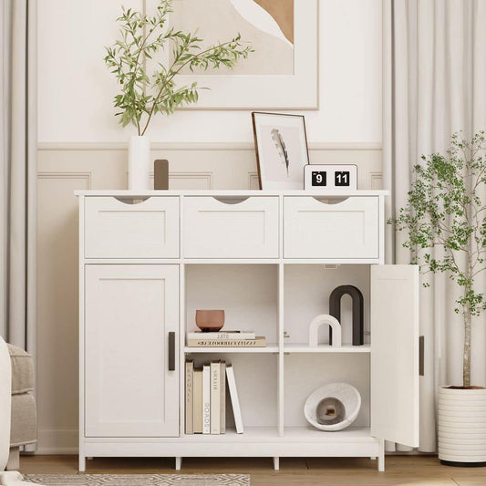  White Wooden Floor Storage Cabinet With Drawers And Shelves, Suitable For Living Room, Bedroom, Bathroom Decor