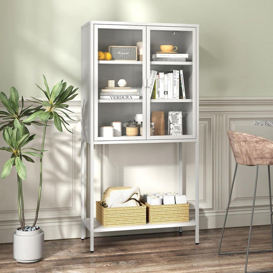  59 In. H Heavy-Duty Metal Storage Cabinet: Ideal For Home Office, Living Room And Pantry In White