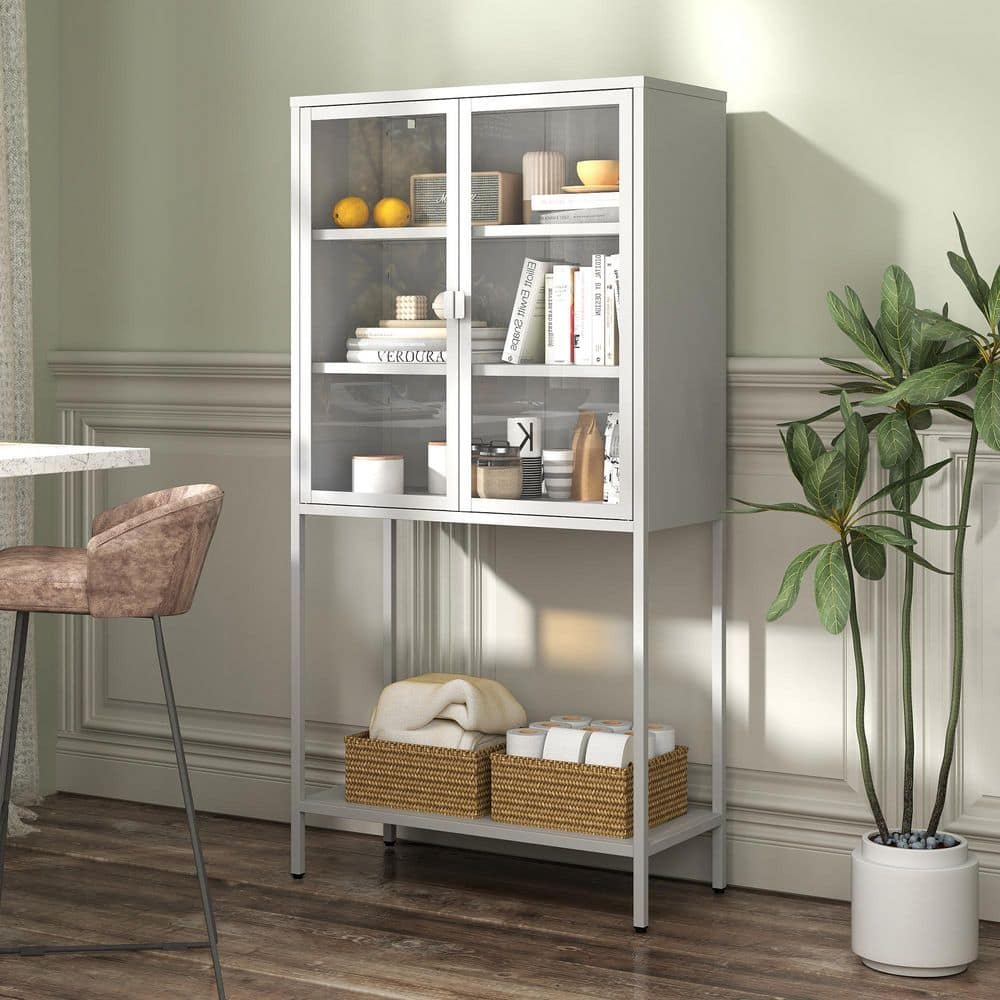  59 In. H Heavy-Duty Metal Storage Cabinet: Ideal For Home Office, Living Room And Pantry In White