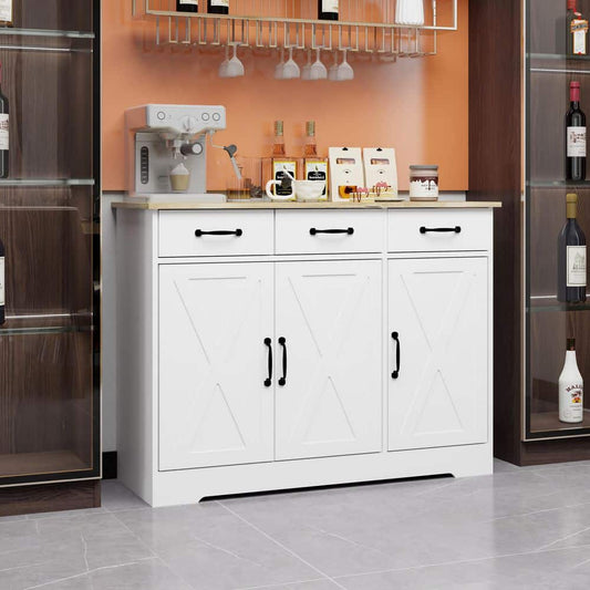  Farmhouse Buffet Cabinet Storage Sideboard With 3-Drawers And 3-Doors For Dining Living Room Kitchen Cupboard-White