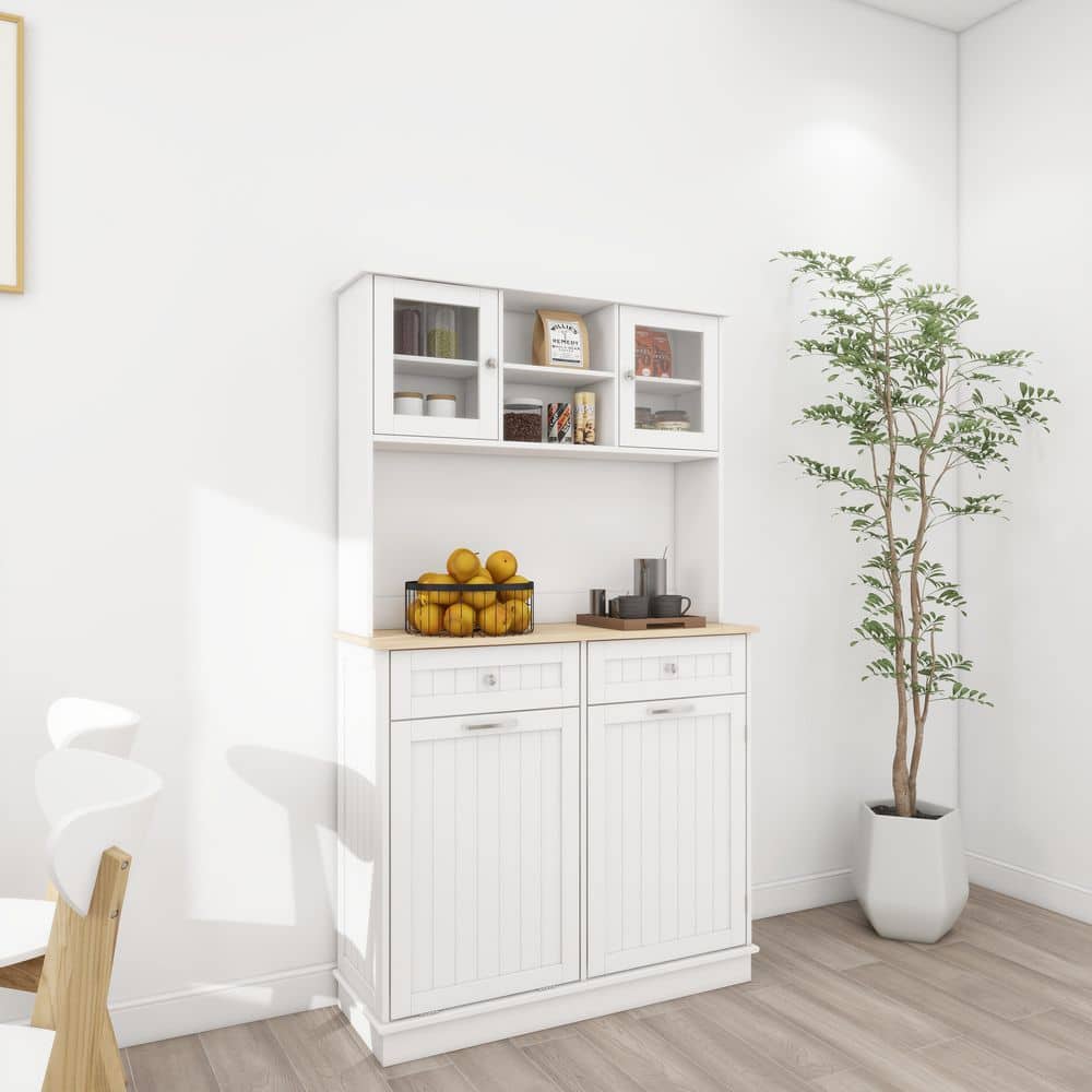  67.7 In. Tall White Kitchen Storage Cabinet-3 Shelves, 2-Drawers, Tilt-Out Trash
