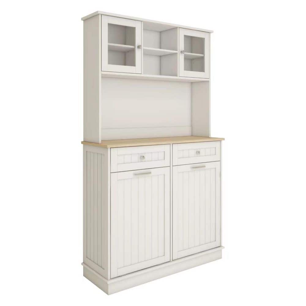  67.7 In. Tall White Kitchen Storage Cabinet-3 Shelves, 2-Drawers, Tilt-Out Trash
