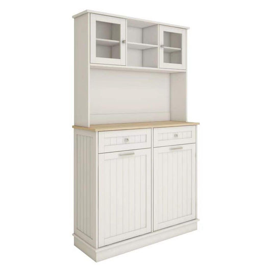  67.7 In. Tall White Kitchen Storage Cabinet-3 Shelves, 2-Drawers, Tilt-Out Trash