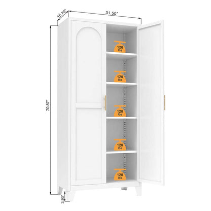  71 In. Metal Storage Cabinet: 2-Shapely Doors, Adjustable Shelves In White