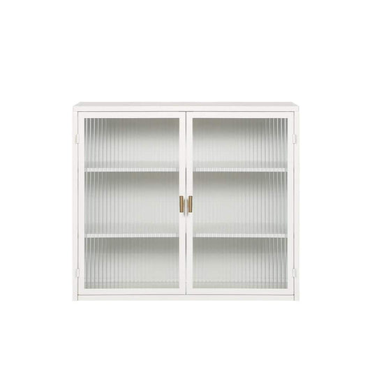  Modern Three-Door Glass Wall Cabinet With Three-Tier Storage In White
