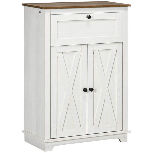  Farmhouse Barn Door Accent Cabinet: Double Doors, Drawer, Adjustable Shelf In White