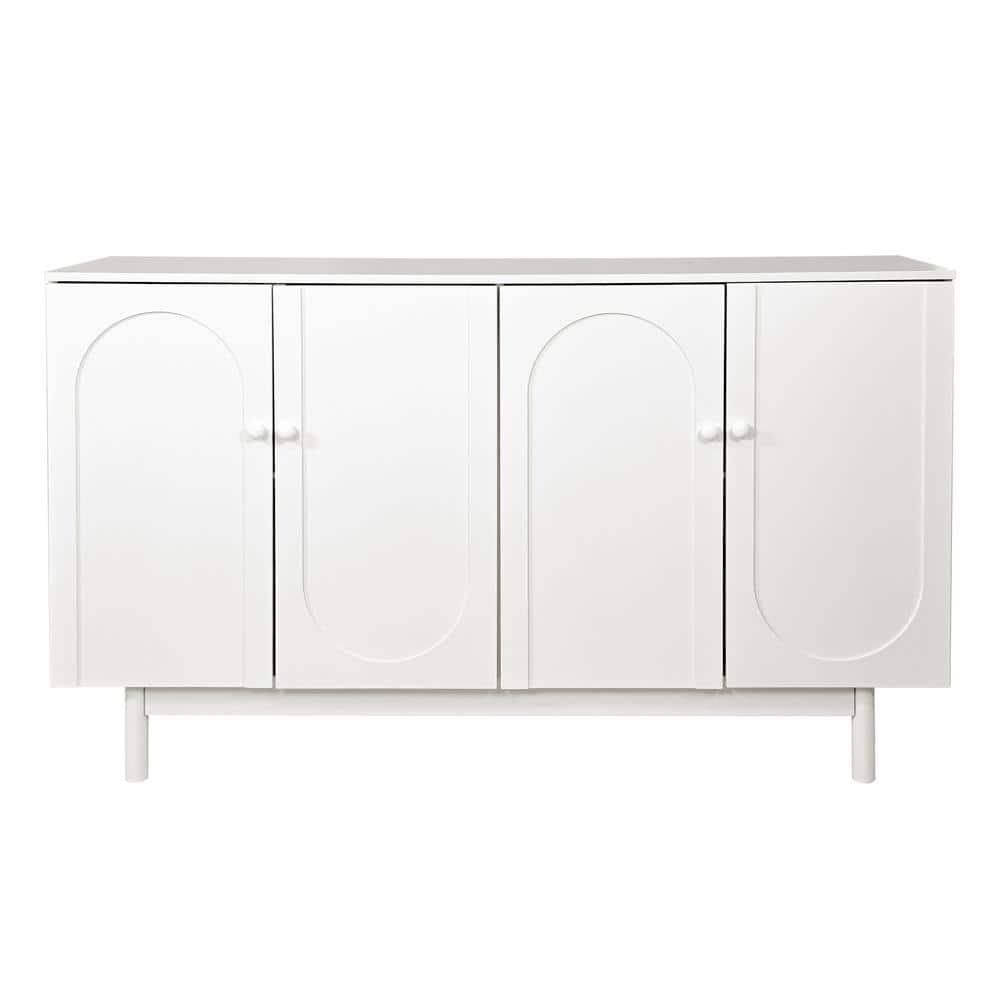  Functional Stylish 4-Door Intaglio Storage Cabinet With Pine Legs, Solid Wood Pulls And MDF In White