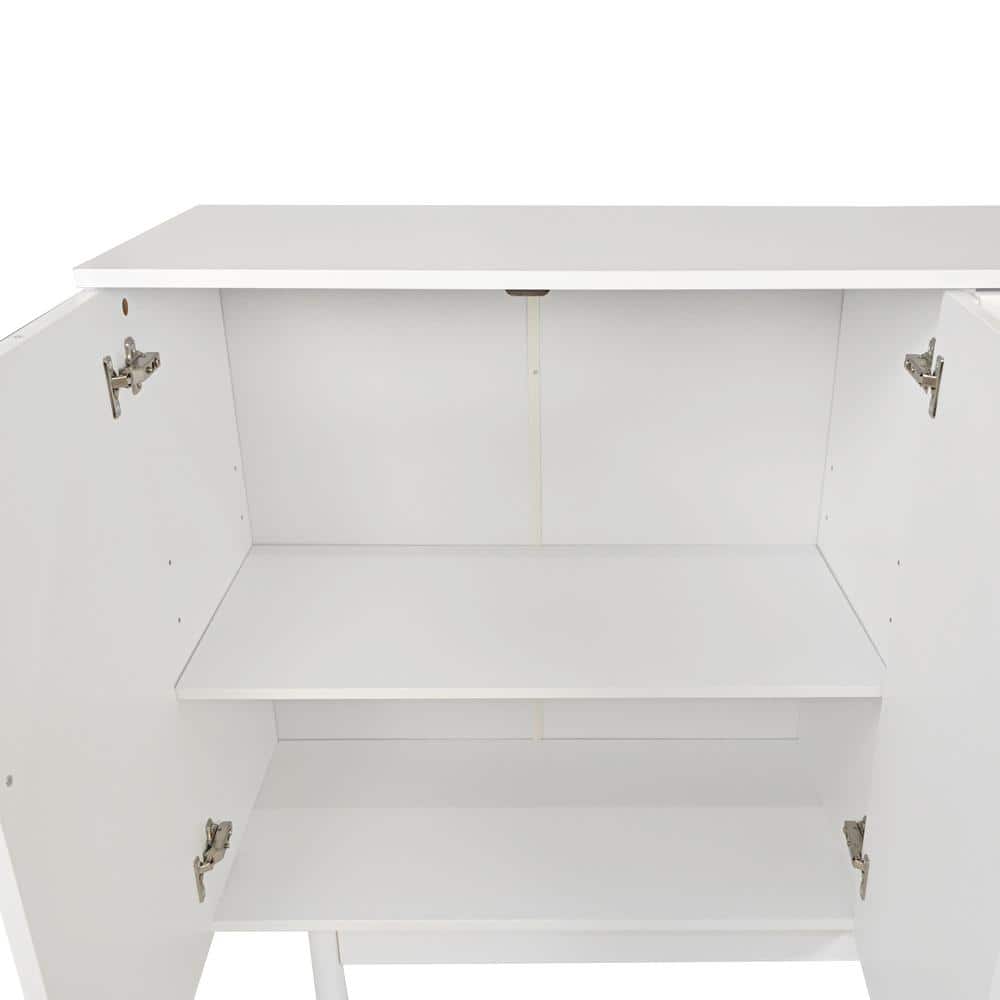  Functional Stylish 4-Door Intaglio Storage Cabinet With Pine Legs, Solid Wood Pulls And MDF In White