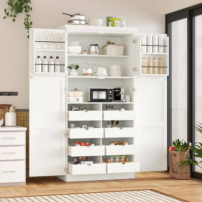  70.9 In. Kitchen Pantry: 4-Doors, 8-Trays, Adjustable Shelf InWhite