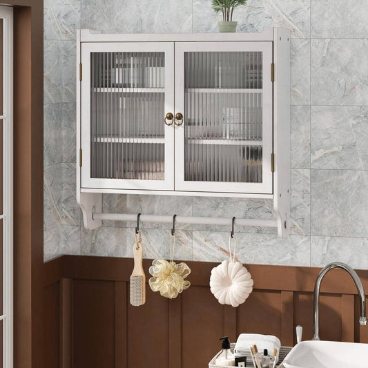  Vintage 24.8 In. Glass Double-Door Cabinet With 3 Tiers & Towel Rack-White Washed