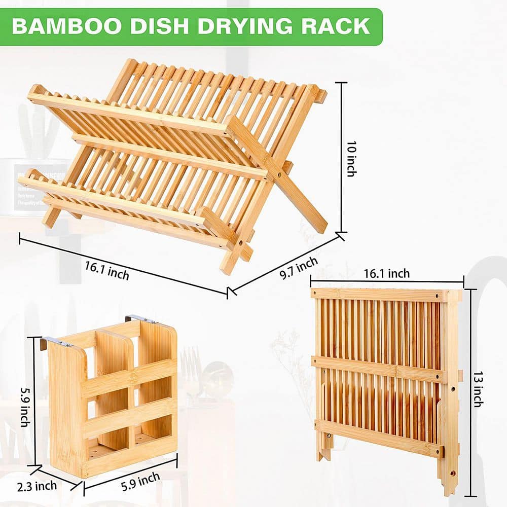  Foldable Two Tier Bamboo Dish Drying Rack - Foldable Space Saving Drainer With Utensil Holder High Quality Kitchen