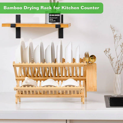  Foldable Two Tier Bamboo Dish Drying Rack - Foldable Space Saving Drainer With Utensil Holder High Quality Kitchen